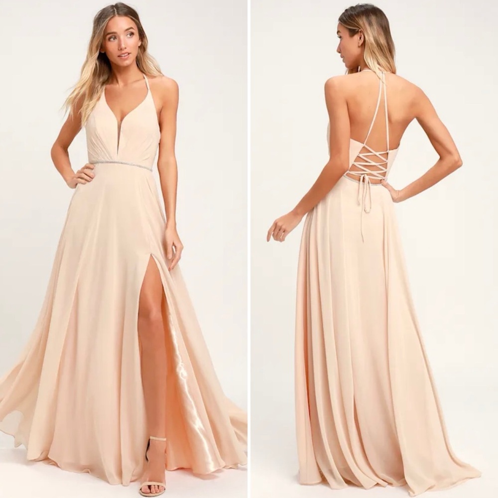 Lulus Nude Lace-Up Rhinestone Maxi Dress Slit Wedding Guest Size 4 Neutral Blush